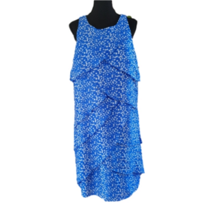 Ann Taylor Silk Dress Blue Dotted Print Tiered Ruffle Sleeveles Size 16 EUC